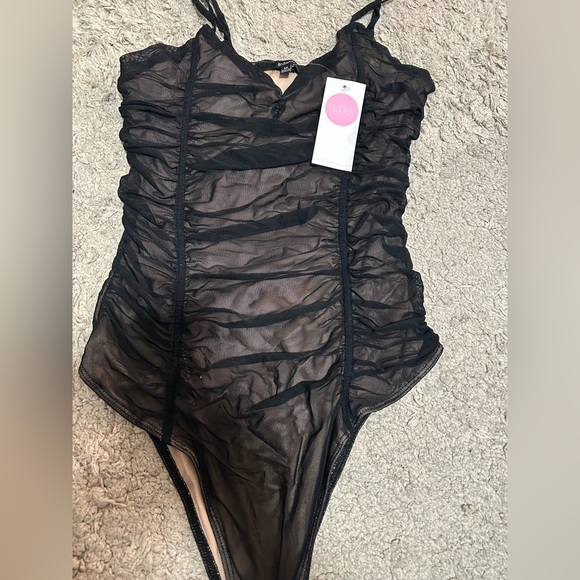 Black Mesh Ruched Bodysuit - Picture 1 of 4